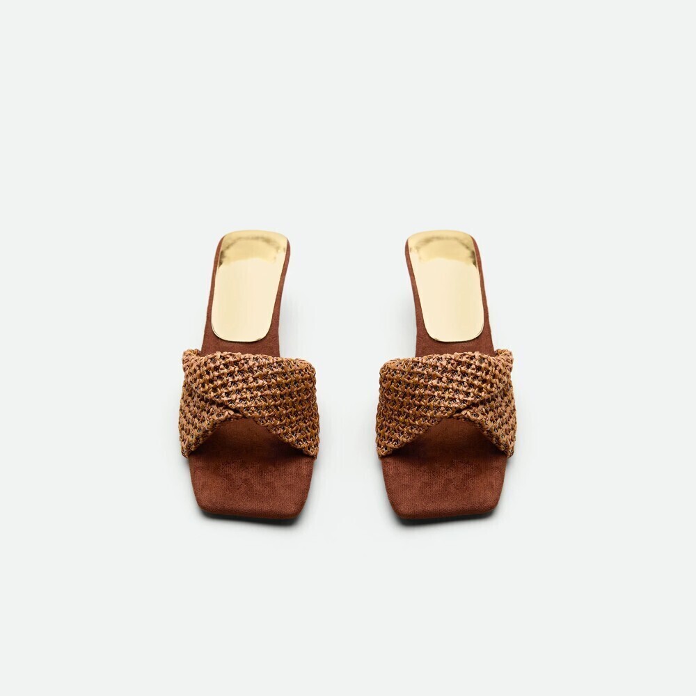 Brown / Bronze Woven Crisscross Slide Sandals with Square Open Toe